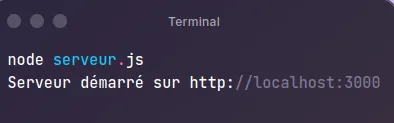 Terminal affichant la commande node serveur.js et le message Serveur démarré sur http://localhost:3000